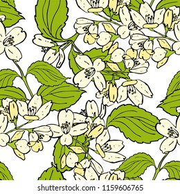 Seamless graphic design with hand drawn leaves. Fashion, interior, wrapping, packaging suitable. Repeat pattern of green jasmine branch isolated on white