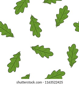 Seamless graphic design with hand drawn leaves. Fashion, interior, wrapping, packaging suitable. Repeat pattern of green oak leaf isolated on white