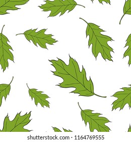 Seamless graphic design with hand drawn leaves. Fashion, interior, wrapping, packaging suitable. Repeat pattern of green oak leaf isolated on white