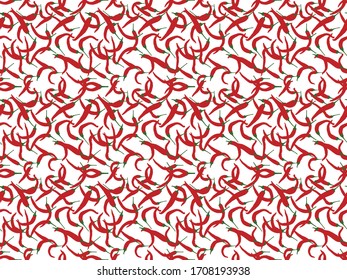 Papel gráfico de diseño transparente con un interminable patrón repetido de verduras de pimienta con especias rojas con la ilustración de tallos verdes sobre fondo blanco 