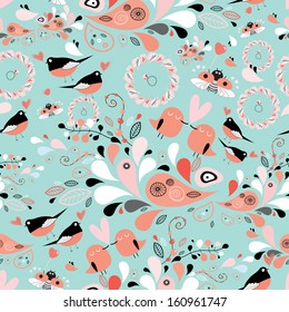 seamless graphic floral pattern with birds in love on a blue background 