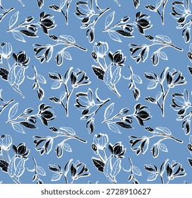 Patrón floral gráfico sin fisuras. Flores y brotes dibujados a mano en blanco y negro sobre un fondo azul polvoriento. Ilustración botánica elegante para la materia textil, el Fondo de pantalla, y la decoración casera