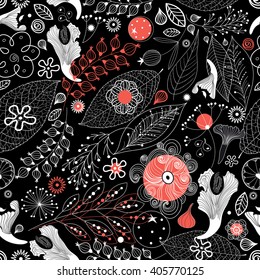 Seamless graphic floral pattern white on a black background