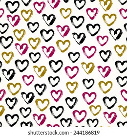 Seamless graphic hand drawn background. Endless brushed hearts pattern. Template for design and decoration