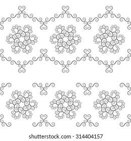 Seamless graphic, lace pattern. Endless band vintage texture. Spiral, twirl silhouettes with laurel leaves. Floral theme. Twist curled border ornament. Black on white. Vector