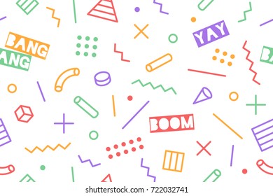 Seamless graphic memphis pattern 80s-90s trendy styles on black background. Colorful pattern with different shapes objects. Design for wrapping paper, fabric background, wallpaper. Vector illustration