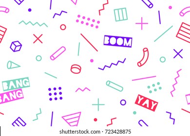 Seamless graphic memphis pattern 80s-90s trendy styles on black background. Colorful pattern with different shapes objects. Design for wrapping paper, fabric background, wallpaper. Vector illustration