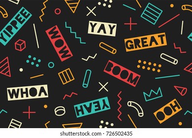 Seamless graphic memphis pattern 80s-90s trendy styles on black background. Colorful pattern with different shapes objects. Design for wrapping paper, fabric background, wallpaper. Vector illustration