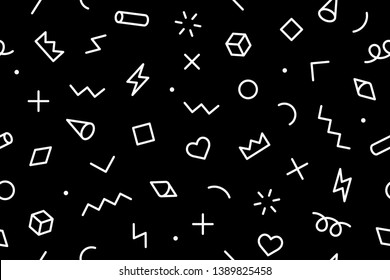 Seamless graphic pattern 80s-90s styles on color blue background. Colorful pattern with different shapes objects. Design for wrapping paper, fabric background, wallpaper. Vector illustration