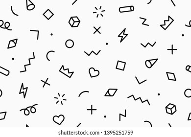 Seamless graphic pattern 80s-90s styles on color blue background. Colorful pattern with different shapes objects. Design for wrapping paper, fabric background, wallpaper. Vector illustration