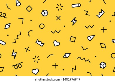 Seamless graphic pattern 80s-90s styles on color blue background. Colorful pattern with different shapes objects. Design for wrapping paper, fabric background, wallpaper. Vector illustration