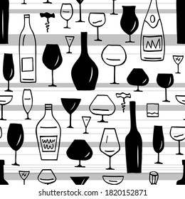 Seamless graphic pattern with abstract alcohol bottles and wine glasses. Black and white. Vector illustration