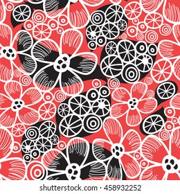 Seamless graphic pattern and abstraction flowers on a red background


