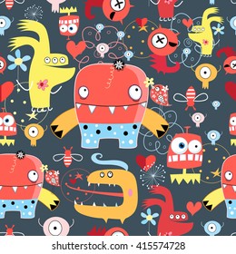 Seamless graphic pattern of amusing multi-colored monsters on a dark background