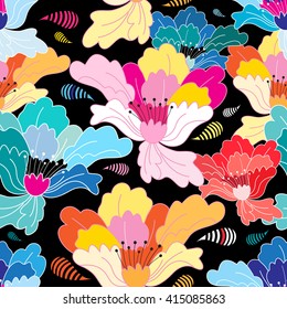 Seamless graphic pattern with beautiful flowers on a dark background