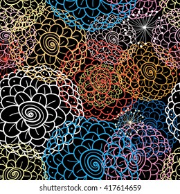 Seamless graphic pattern with beautiful flowers on a dark background