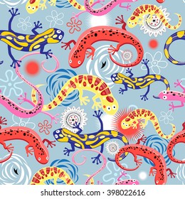 Seamless graphic pattern beautiful salamanders on a blue background

