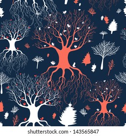 Seamless graphic pattern of the beautiful trees and birds on a dark blue background