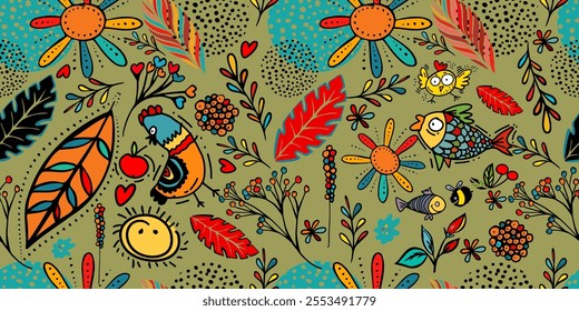 Seamless graphic pattern with birds, leaves, flowers and fish. hand drawing. Not AI, Vector illustration