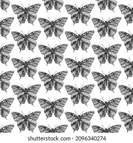 Seamless graphic pattern of black and white butterfly image with geometric pattern on the wings