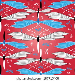 Seamless graphic pattern of butterflies on a red background  