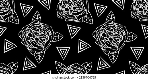Seamless graphic pattern with camellia blossom and geometric shapes drawn in one line white color on black.Cute background and texture for printing on fabrics and paper.Hand drawn vector illustration.