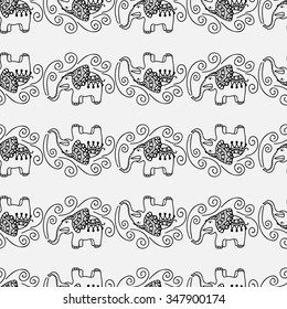 Seamless graphic pattern with cartoon doodle elephants. Childish sketch background, black and white vector illustration.