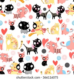 Seamless graphic pattern of cat lovers on a white background