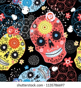 Seamless graphic pattern from cheerful ornamental skulls on a dark background