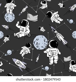 seamless graphic pattern with comonauts, planets and rockets on vector