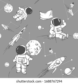 Seamless graphic pattern with cosmonauts, rockets and moon. Graphic background for kids on vector