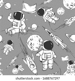 Seamless graphic pattern with cosmonauts, rockets and moon. Graphic background for kids on vector