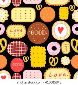 Seamless graphic pattern with delicious cookies on a black background