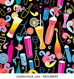 Seamless graphic pattern of different coloured cocktails on a black background
