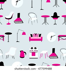 Seamless graphic pattern of different furniture on a gray background

