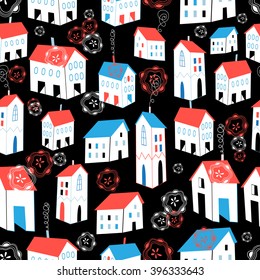 Seamless graphic pattern with different houses on a black background