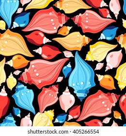 Seamless graphic pattern of different shells on a black background