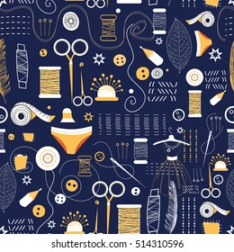 Seamless graphic pattern of elements for sewing on a blue background