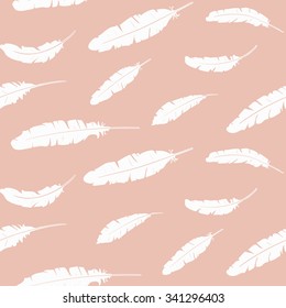 Seamless graphic pattern with falling feathers on a coral background.