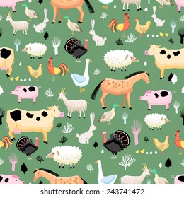 Seamless graphic pattern of farm animals on a green background