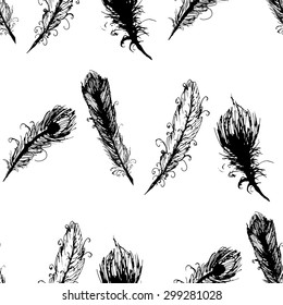 Seamless graphic pattern of feathers . Ink elements.