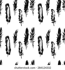 Seamless graphic pattern of feathers on a white background. Black and white abstract backgraund in watercolour style.