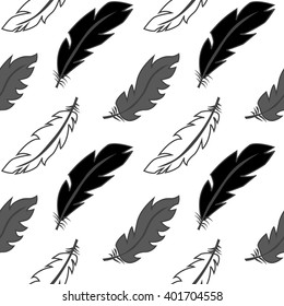  Seamless graphic pattern of feathers on a white background. Seamless feather pattern.
