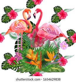 Seamless graphic pattern of flamingos in love among the palm