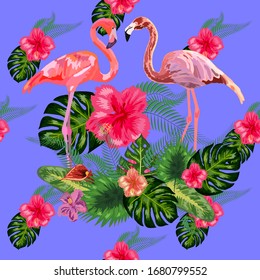 Seamless graphic pattern of flamingos in love among the palm