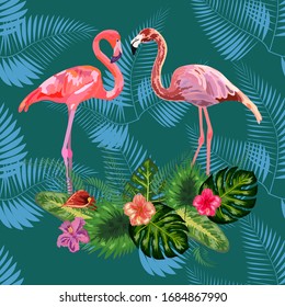 Seamless graphic pattern of flamingos in love among the palm