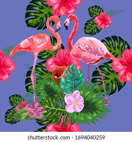 Patrón gráfico sin fisuras de flamencos enamorados entre la palma
