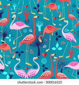 Seamless graphic pattern of flamingos in love among the trees