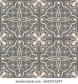 Seamless graphic pattern. Floral light gray ornament tile on gray textured background. Vector. Template for fabric and textile, wallpaper, packaging, interior design, printing.