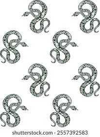 Seamless graphic pattern of green intertwining snakes on a white background, showing detailed scales and curves.